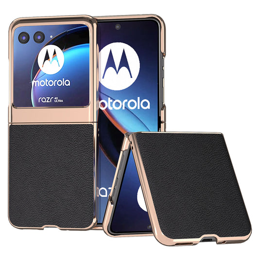 Uniqkart for Motorola Razr 40 Ultra 5G Genuine Cow Leather + PC Litchi Texture Case Nano Electroplating Phone Cover - Black