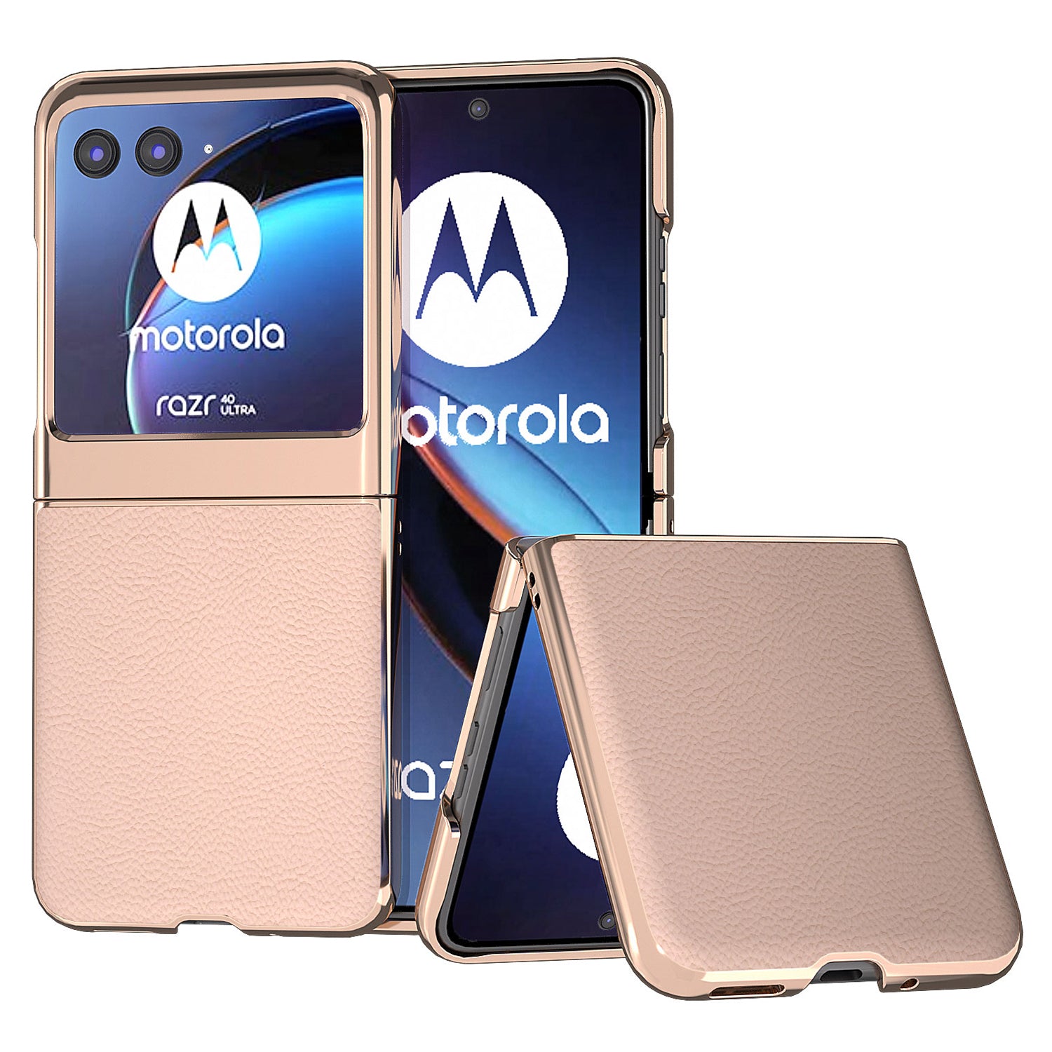 for Motorola Razr 40 Ultra 5G Genuine Cow Leather + PC Litchi Texture Case Nano Electroplating Phone Cover - Rose Gold