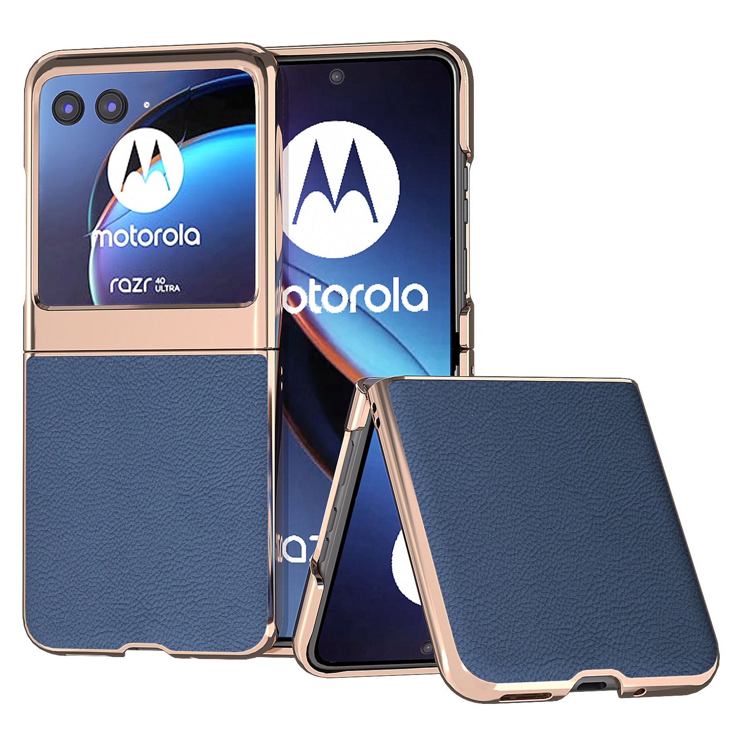 for Motorola Razr 40 Ultra 5G Genuine Cow Leather + PC Litchi Texture Case Nano Electroplating Phone Cover - Blue