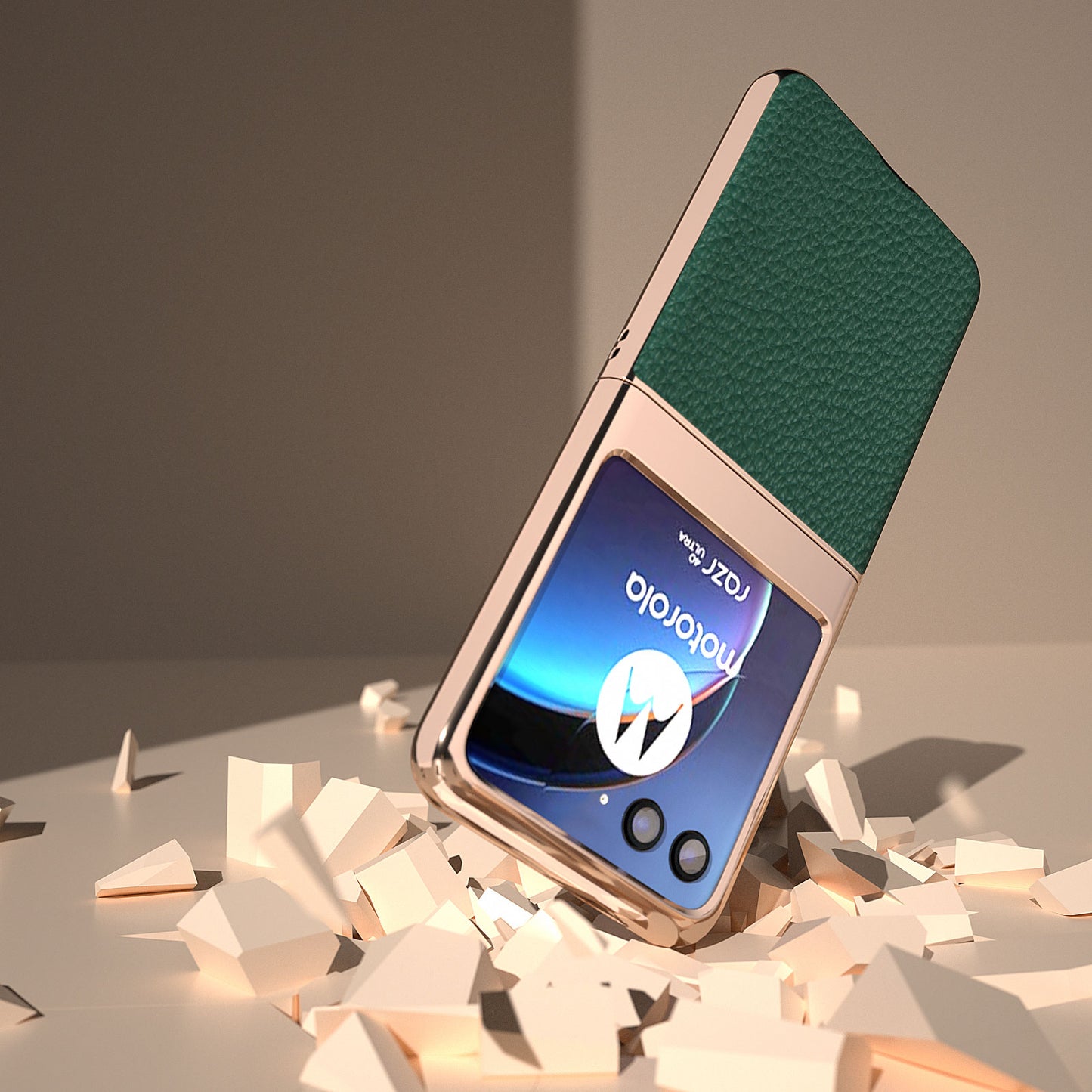 Uniqkart for Motorola Razr 40 Ultra 5G Genuine Cow Leather Coated PC Phone Shell Electroplating Litchi Texture Shockproof Cover - Green