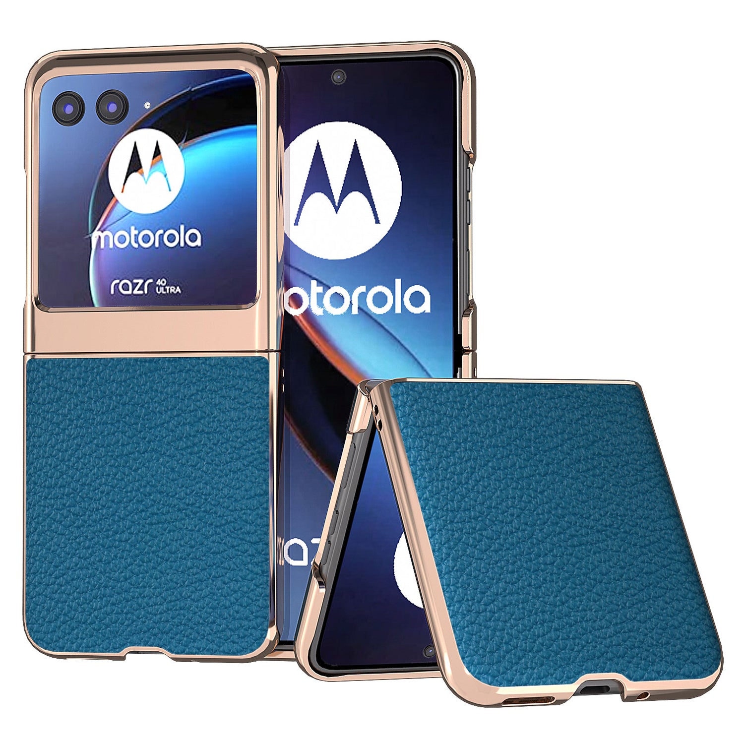 Uniqkart for Motorola Razr 40 Ultra 5G Genuine Cow Leather Coated PC Phone Shell Electroplating Litchi Texture Shockproof Cover - Blue