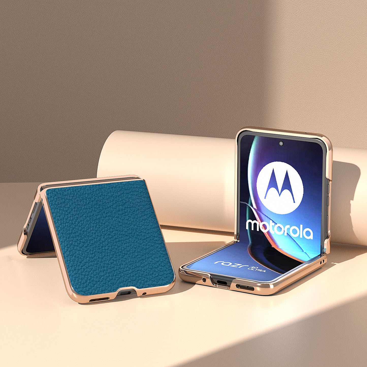 Uniqkart for Motorola Razr 40 Ultra 5G Genuine Cow Leather Coated PC Phone Shell Electroplating Litchi Texture Shockproof Cover - Blue