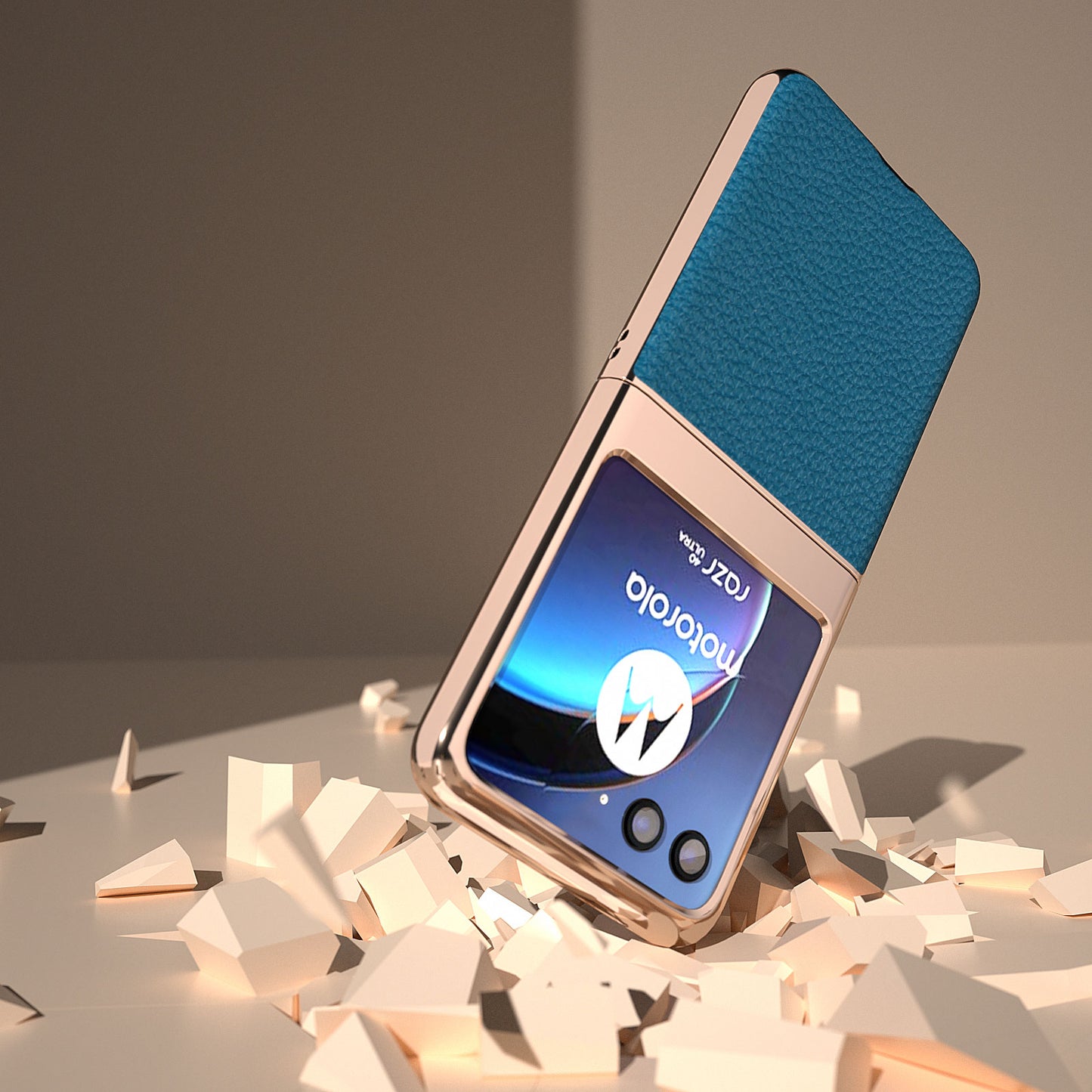 Uniqkart for Motorola Razr 40 Ultra 5G Genuine Cow Leather Coated PC Phone Shell Electroplating Litchi Texture Shockproof Cover - Blue