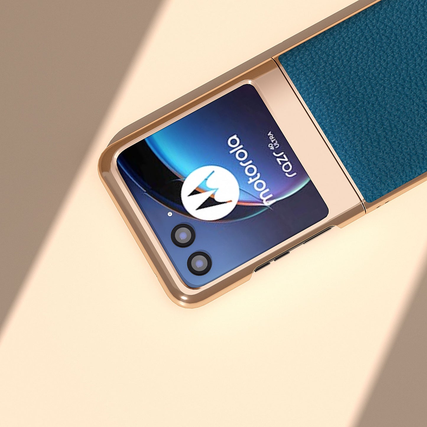 Uniqkart for Motorola Razr 40 Ultra 5G Genuine Cow Leather Coated PC Phone Shell Electroplating Litchi Texture Shockproof Cover - Blue