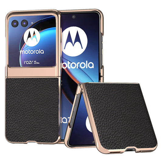 Uniqkart for Motorola Razr 40 Ultra 5G Genuine Cow Leather Coated PC Phone Shell Electroplating Litchi Texture Shockproof Cover - Black