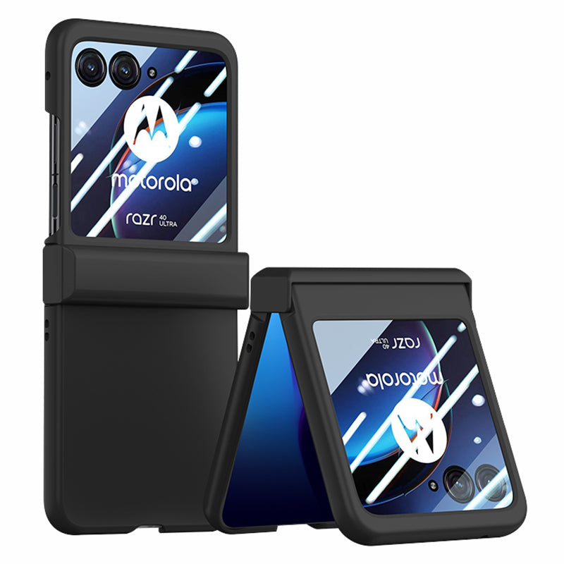 Uniqkart for Motorola Razr 40 Ultra 5G Phone Case Hinge Design PC Cover with Tempered Glass Rear Screen Protector - Black
