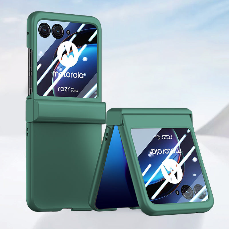 Uniqkart for Motorola Razr 40 Ultra 5G Phone Case Hinge Design PC Cover with Tempered Glass Rear Screen Protector - Dark Green
