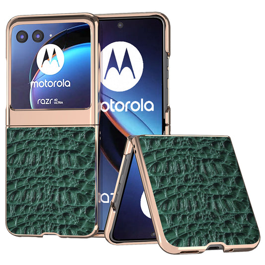 Uniqkart for Motorola Razr 40 Ultra 5G Genuine Cow Leather Coated PC Case Nano Electroplating Canopy Texture Phone Cover - Green