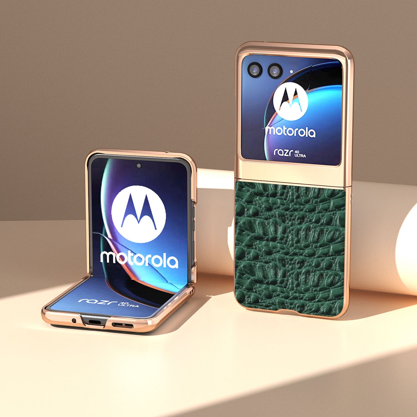 Uniqkart for Motorola Razr 40 Ultra 5G Genuine Cow Leather Coated PC Case Nano Electroplating Canopy Texture Phone Cover - Green