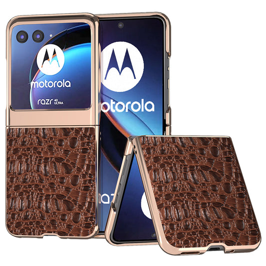 Uniqkart for Motorola Razr 40 Ultra 5G Genuine Cow Leather Coated PC Case Nano Electroplating Canopy Texture Phone Cover - Coffee
