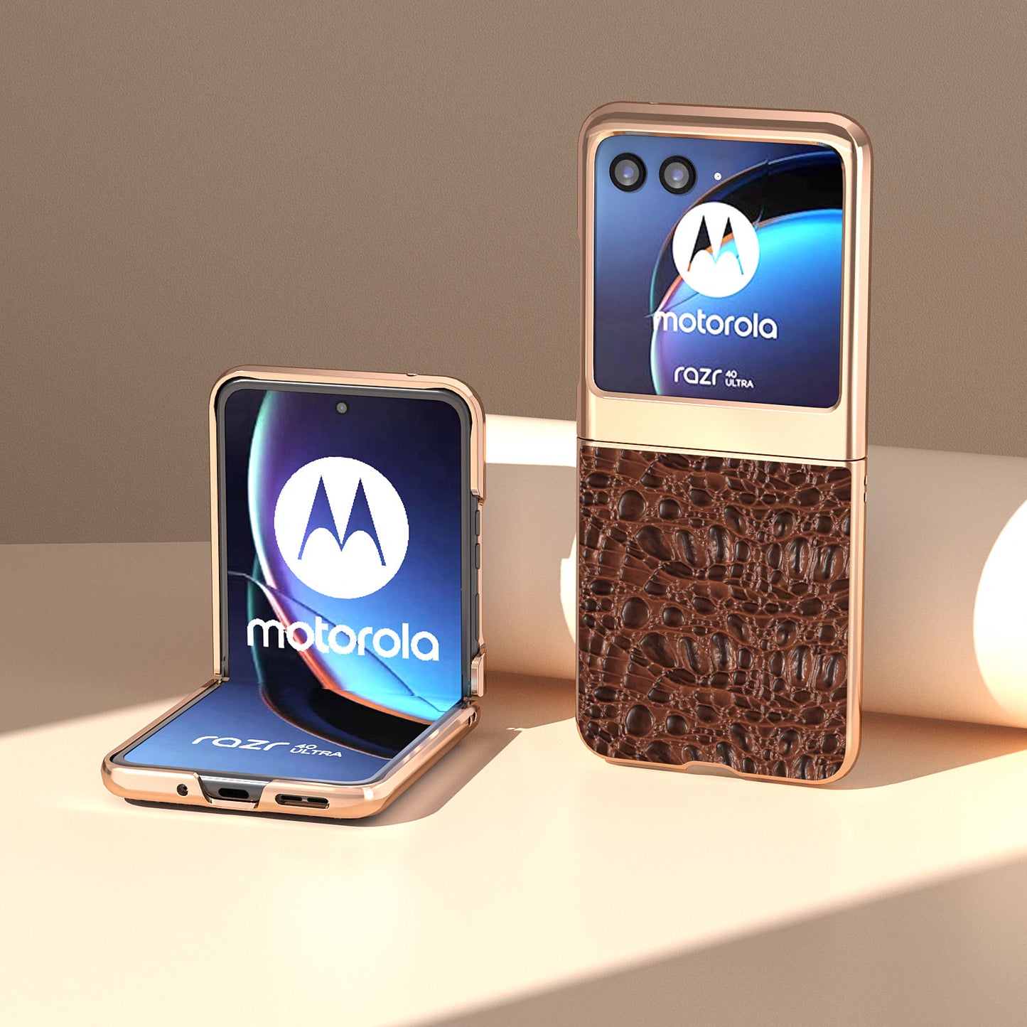 Uniqkart for Motorola Razr 40 Ultra 5G Genuine Cow Leather Coated PC Case Nano Electroplating Canopy Texture Phone Cover - Coffee