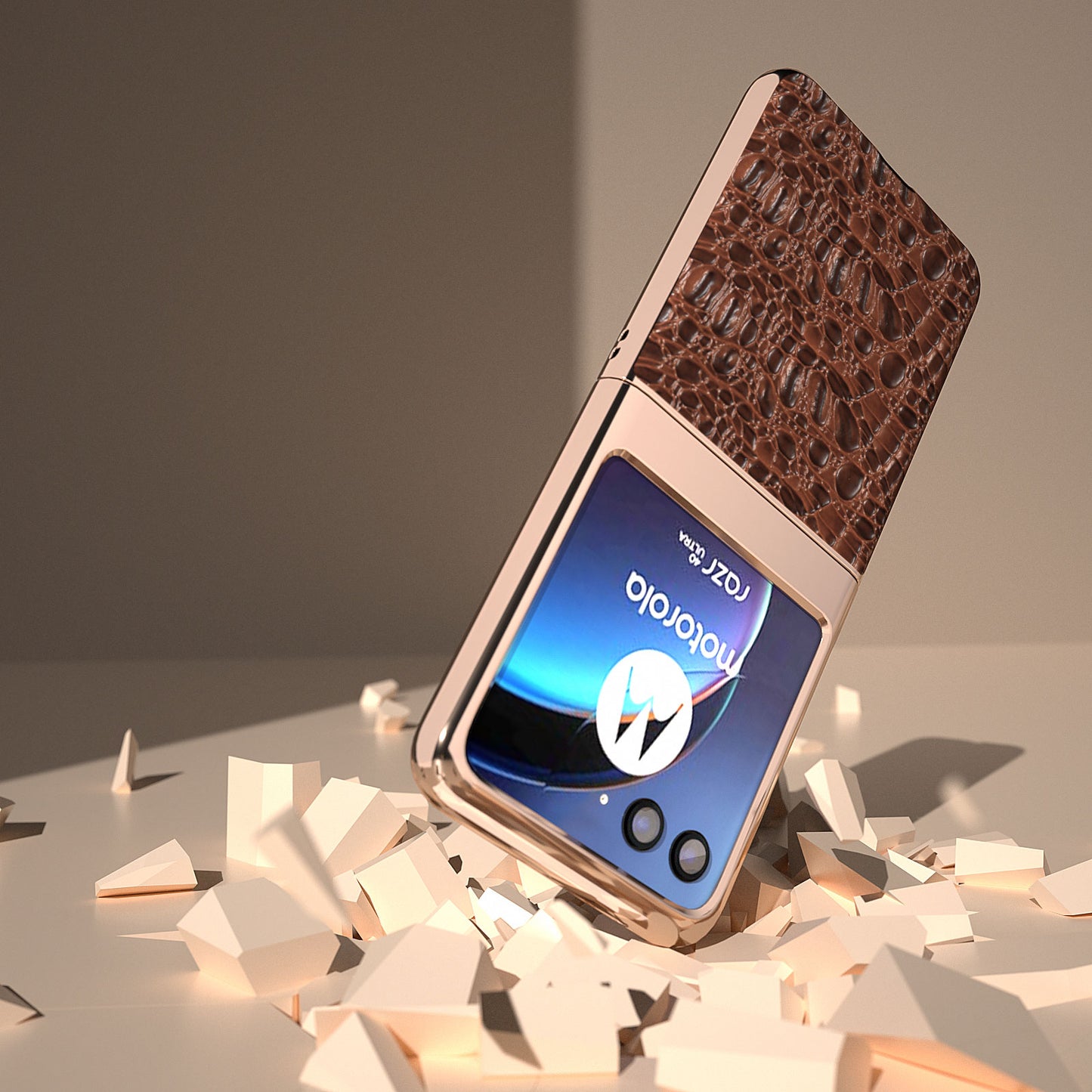 Uniqkart for Motorola Razr 40 Ultra 5G Genuine Cow Leather Coated PC Case Nano Electroplating Canopy Texture Phone Cover - Coffee