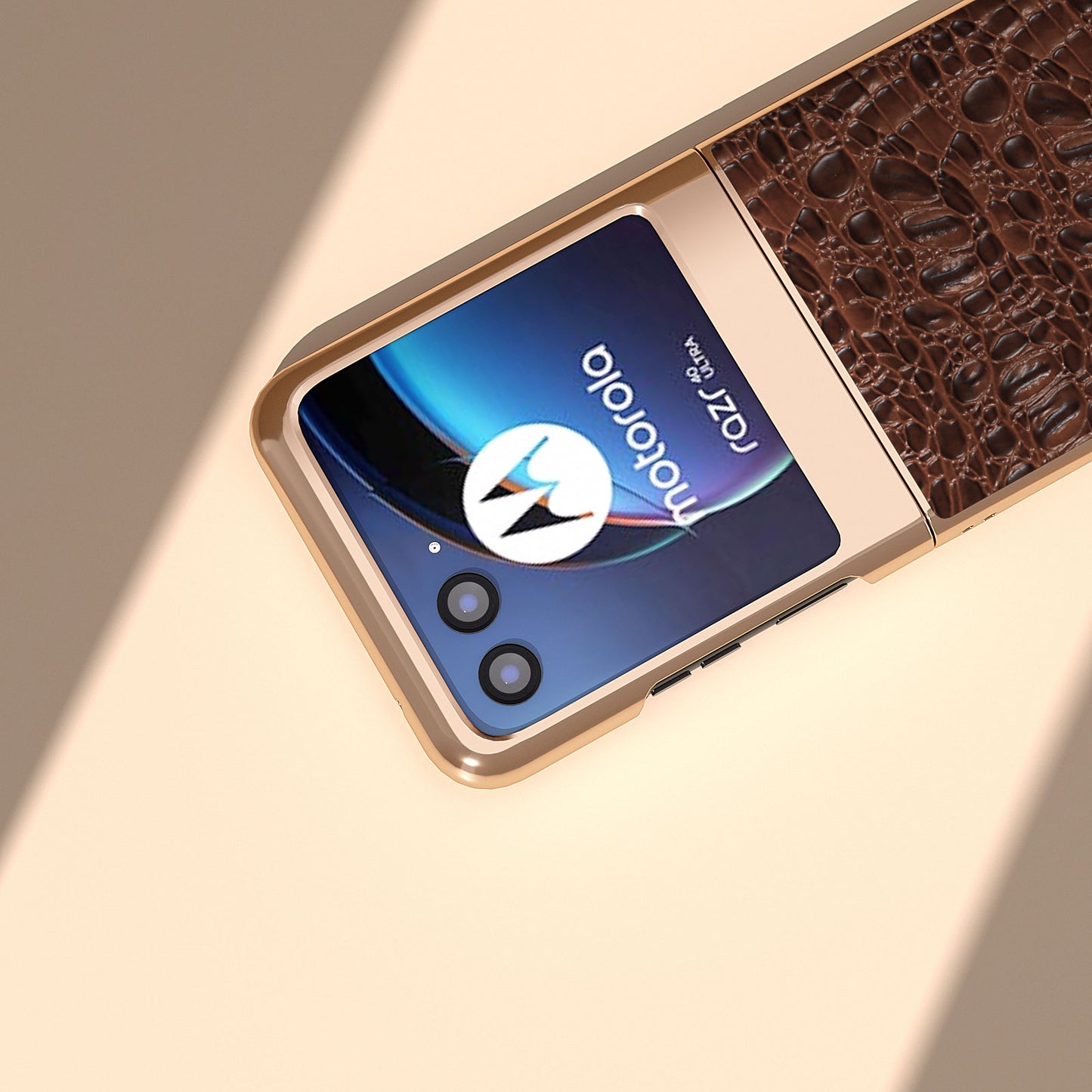 Uniqkart for Motorola Razr 40 Ultra 5G Genuine Cow Leather Coated PC Case Nano Electroplating Canopy Texture Phone Cover - Coffee