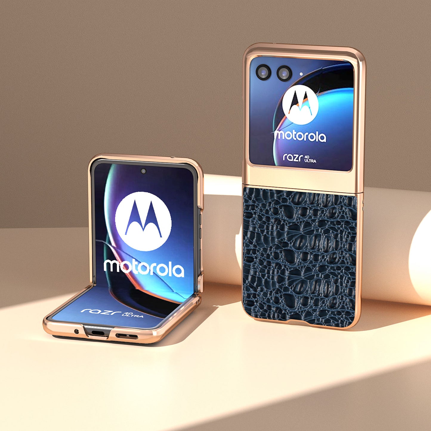 Uniqkart for Motorola Razr 40 Ultra 5G Genuine Cow Leather Coated PC Case Nano Electroplating Canopy Texture Phone Cover - Blue