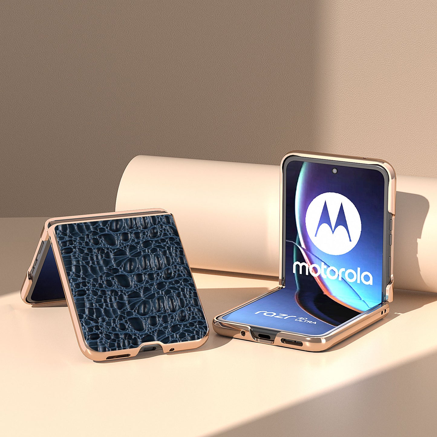 Uniqkart for Motorola Razr 40 Ultra 5G Genuine Cow Leather Coated PC Case Nano Electroplating Canopy Texture Phone Cover - Blue