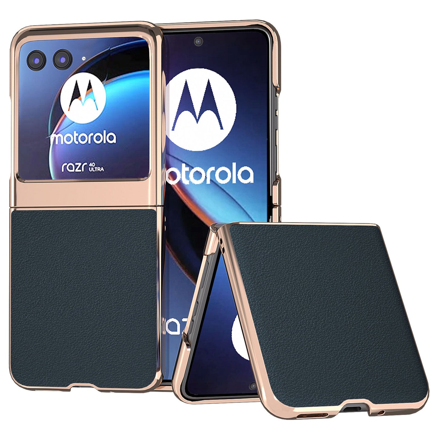 Uniqkart for Motorola Razr 40 Ultra 5G Nano Electroplating Phone Case Genuine Cow Leather+PC Phone Cover - Blackish Green