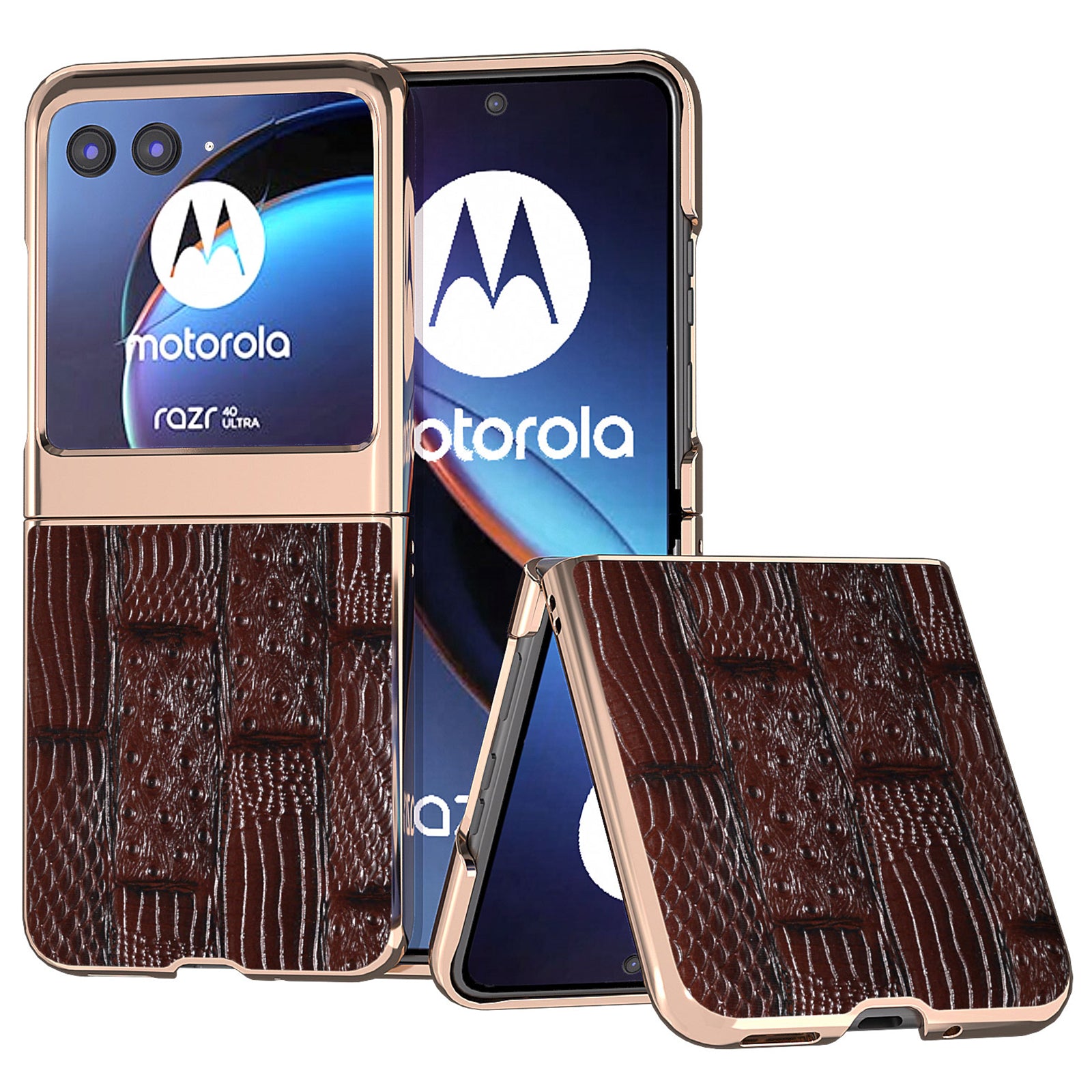 Uniqkart for Motorola Razr 40 Ultra 5G Mahjong Texture Genuine Cow Leather+PC Phone Case Nano Electroplating Phone Cover - Brown