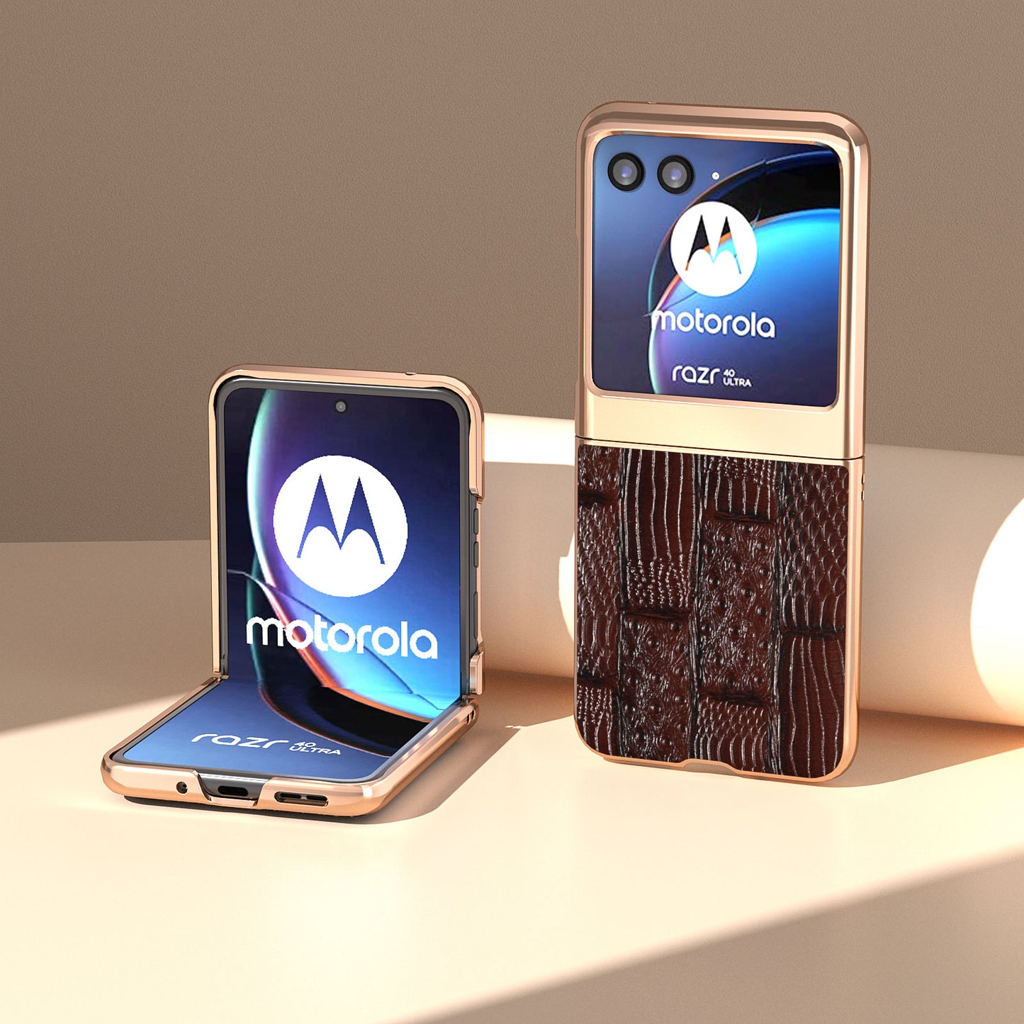 Uniqkart for Motorola Razr 40 Ultra 5G Mahjong Texture Genuine Cow Leather+PC Phone Case Nano Electroplating Phone Cover - Brown