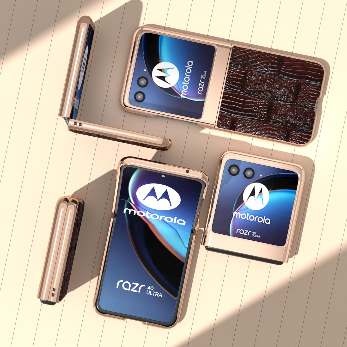Uniqkart for Motorola Razr 40 Ultra 5G Mahjong Texture Genuine Cow Leather+PC Phone Case Nano Electroplating Phone Cover - Brown