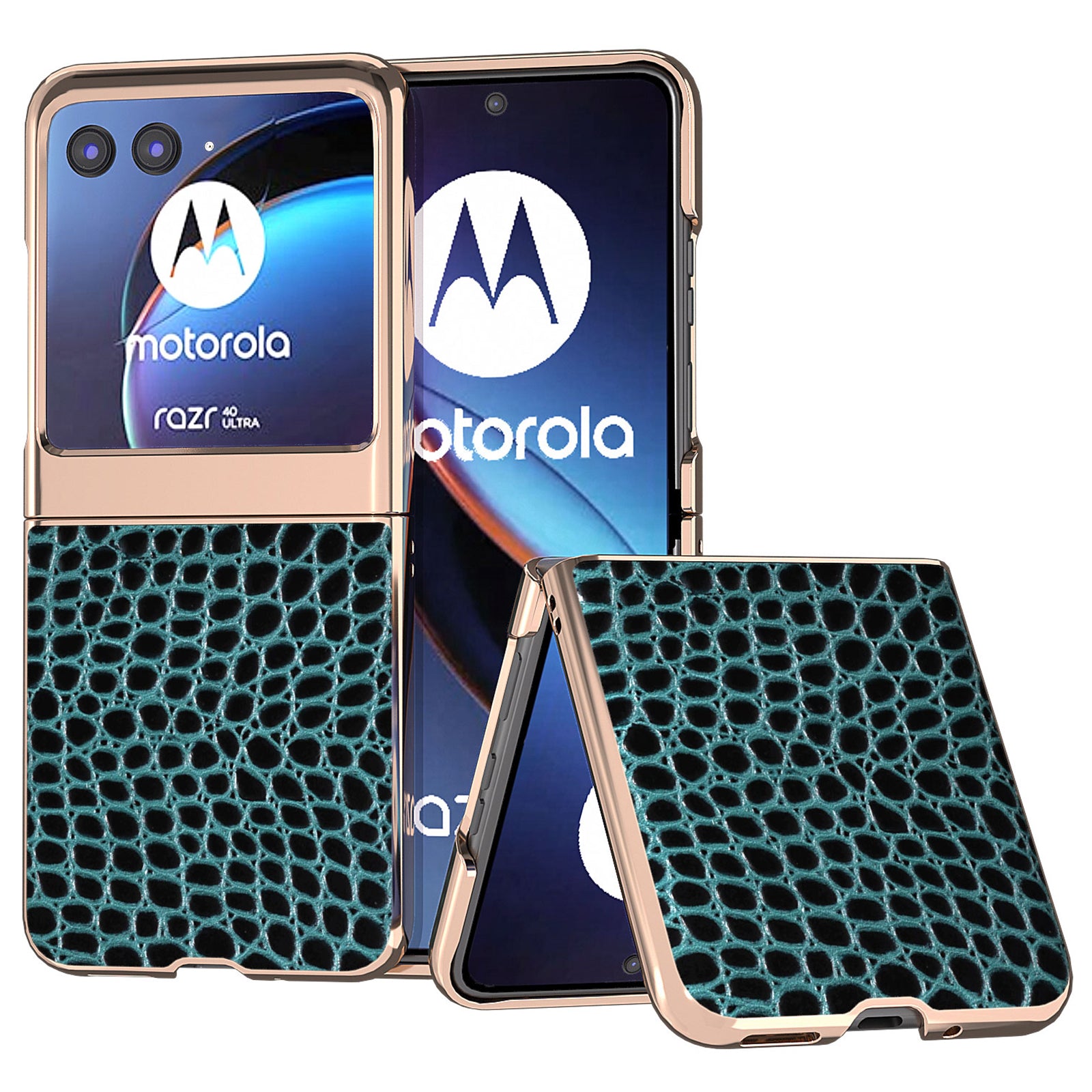 Uniqkart for Motorola Razr 40 Ultra 5G Nano Electroplating Phone Case Genuine Cow Leather Coated PC Crocodile Texture Cover - Midnight Green