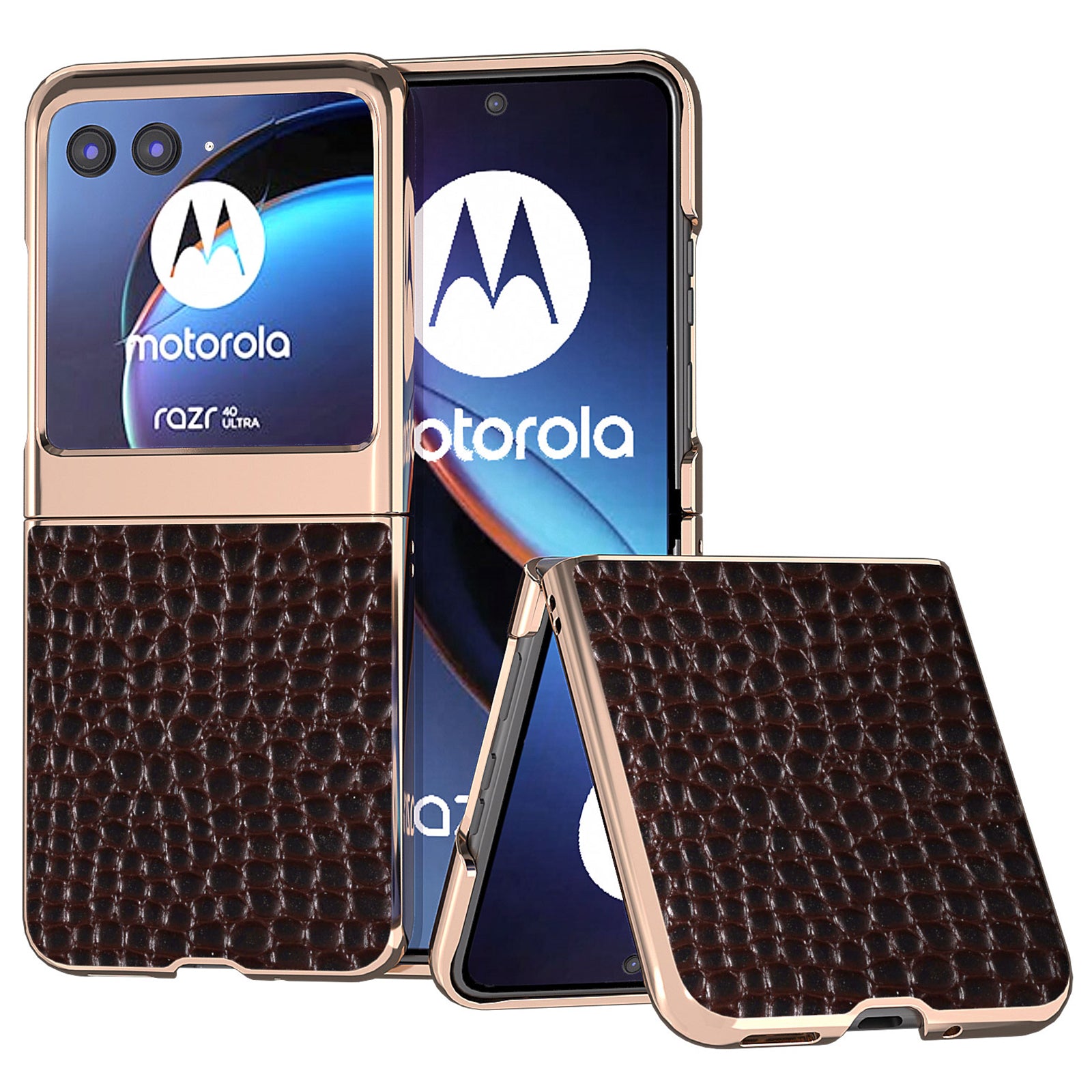 Uniqkart for Motorola Razr 40 Ultra 5G Nano Electroplating Phone Case Genuine Cow Leather Coated PC Crocodile Texture Cover - Coffee