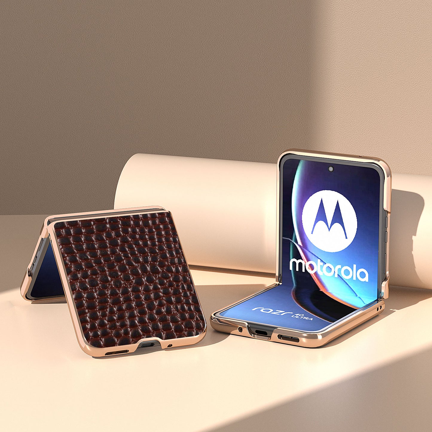 Uniqkart for Motorola Razr 40 Ultra 5G Nano Electroplating Phone Case Genuine Cow Leather Coated PC Crocodile Texture Cover - Coffee