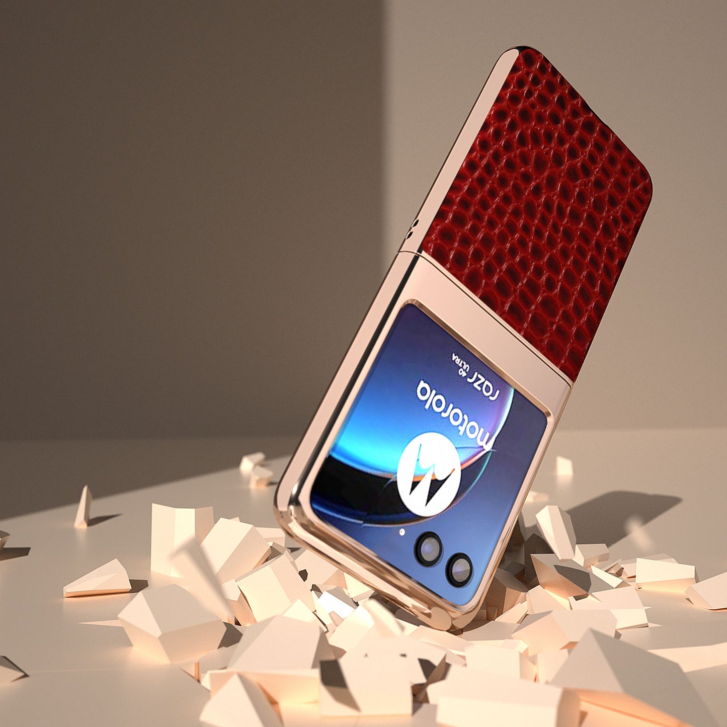 Uniqkart for Motorola Razr 40 Ultra 5G Nano Electroplating Phone Case Genuine Cow Leather Coated PC Crocodile Texture Cover - Red
