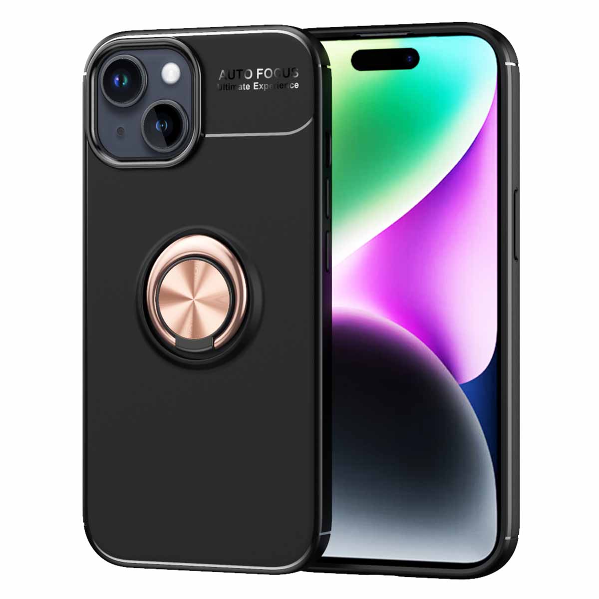 TPU Phone Case for iPhone 15 , Ring Holder Kickstand Anti-scratch Phone Back Cover - Black / Rose Gold