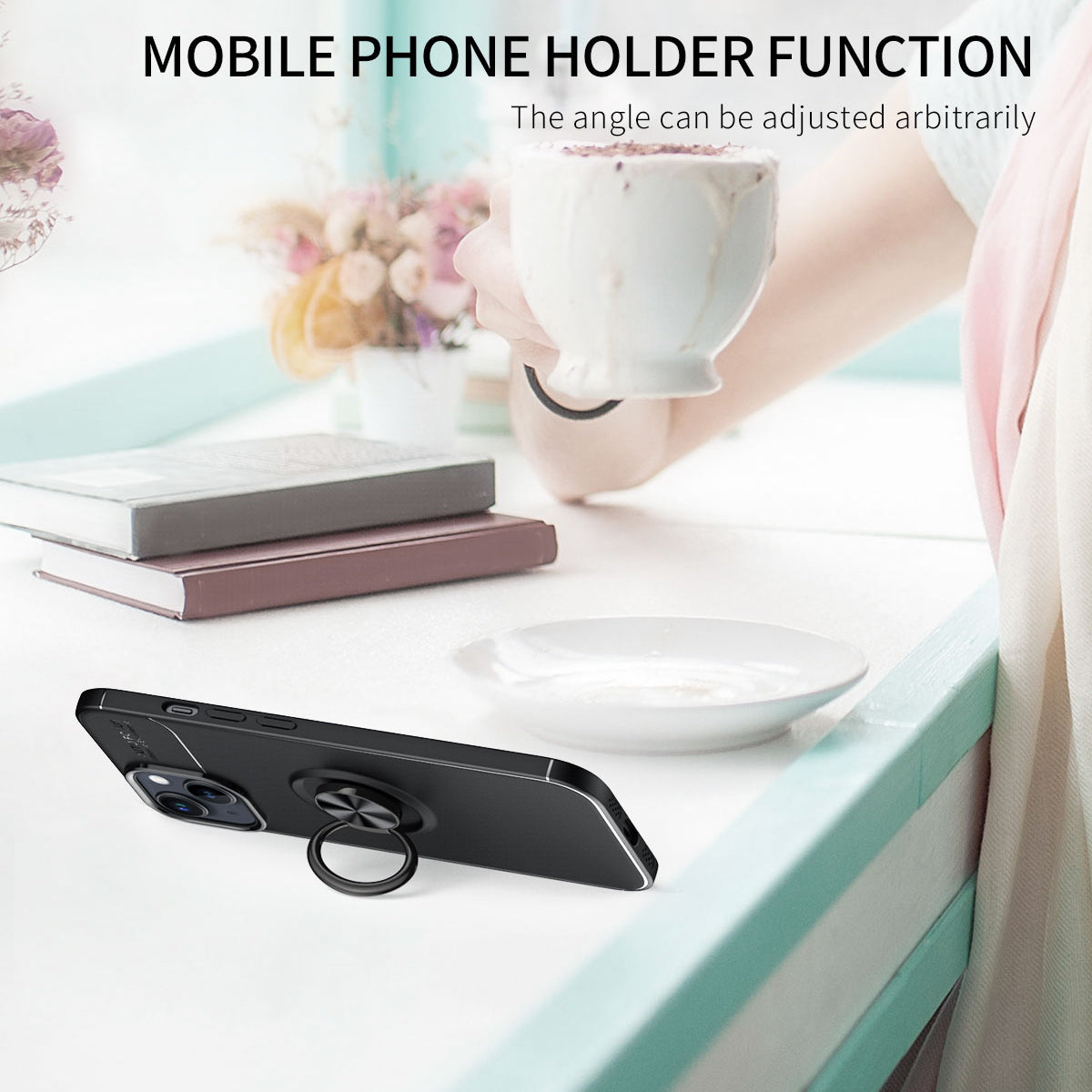 TPU Phone Case for iPhone 15 , Ring Holder Kickstand Anti-scratch Phone Back Cover - Black / Rose Gold