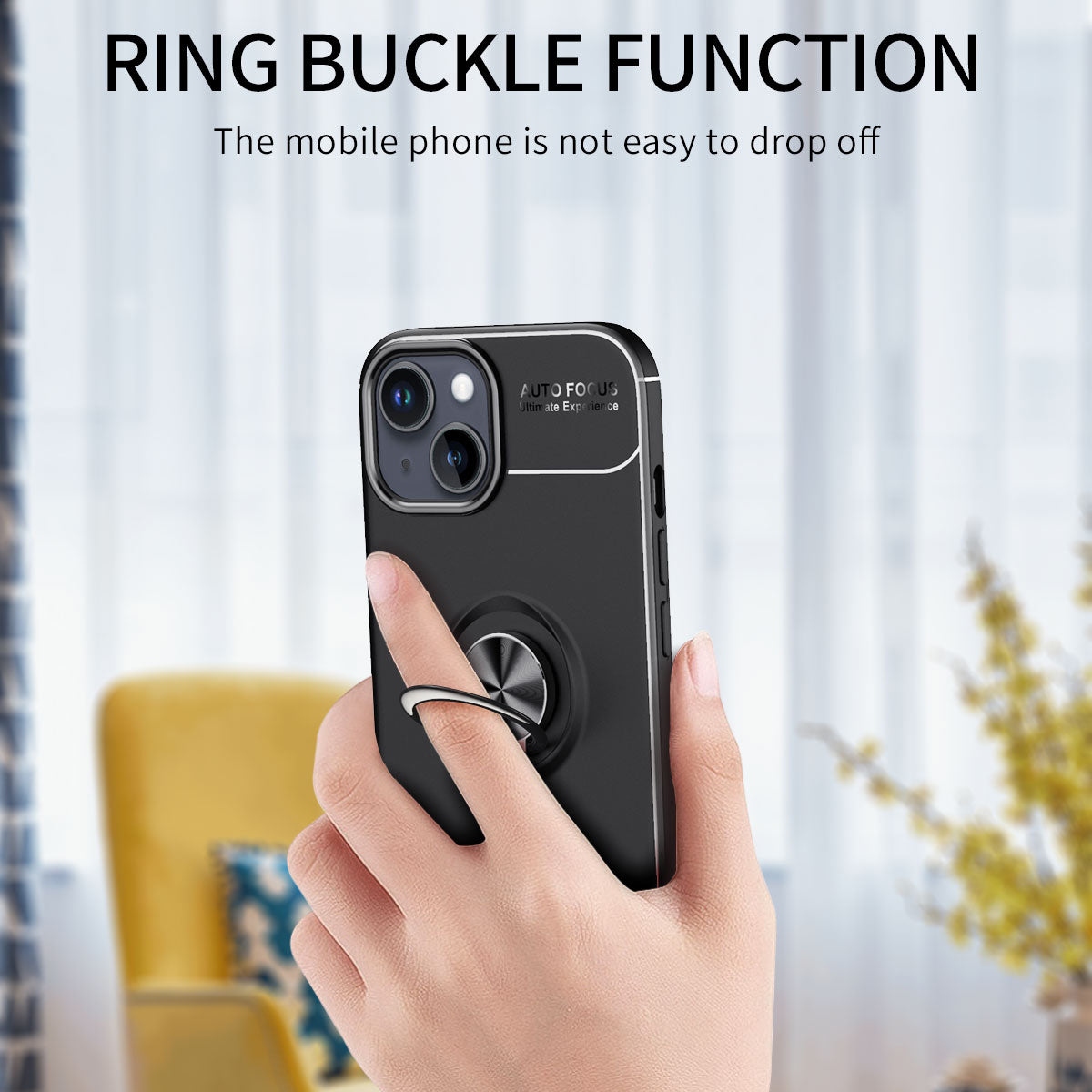 TPU Phone Case for iPhone 15 , Ring Holder Kickstand Anti-scratch Phone Back Cover - Black / Rose Gold