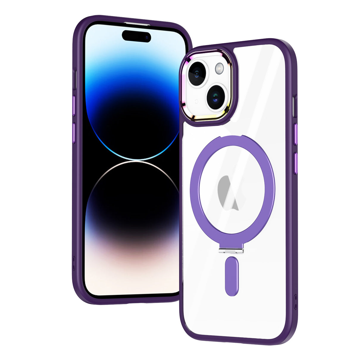 for iPhone 15 Clear Phone Case Compatible with MagSafe TPU+Acrylic Hybrid Shell Kickstand Cover - Dark Purple