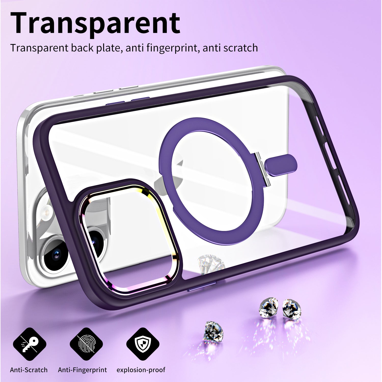 TPU+Acrylic Hybrid Shell for iPhone 15 Pro Max Clear Phone Case Compatible with MagSafe Kickstand Cover - Dark Purple