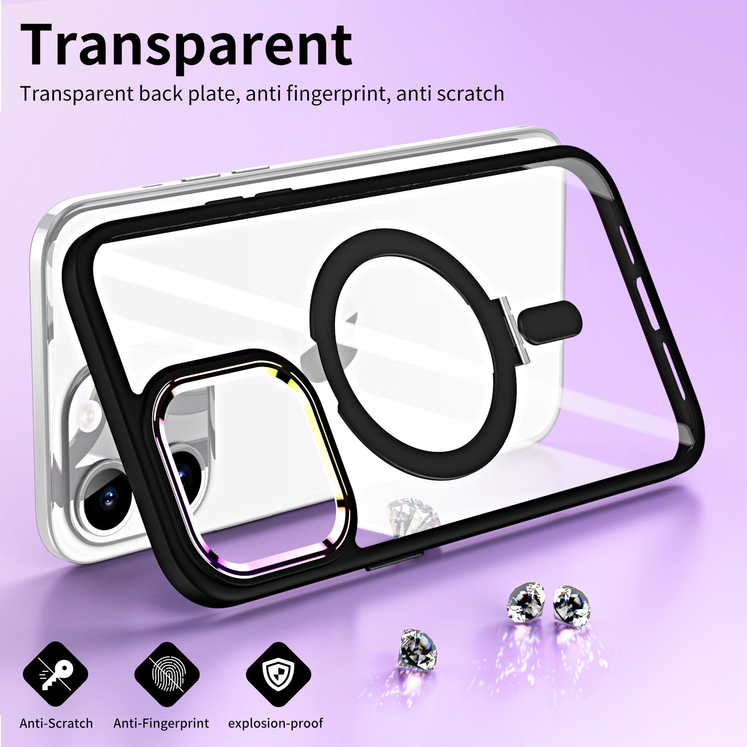TPU+Acrylic Hybrid Shell for iPhone 15 Pro Max Clear Phone Case Compatible with MagSafe Kickstand Cover - Black