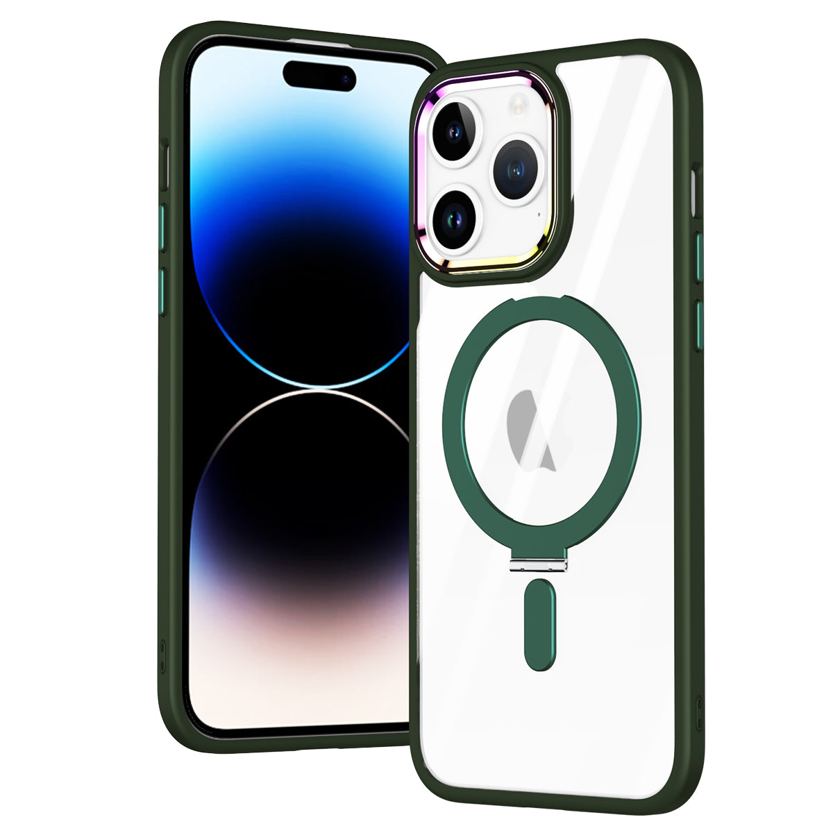TPU+Acrylic Hybrid Shell for iPhone 15 Pro Max Clear Phone Case Compatible with MagSafe Kickstand Cover - Army Green