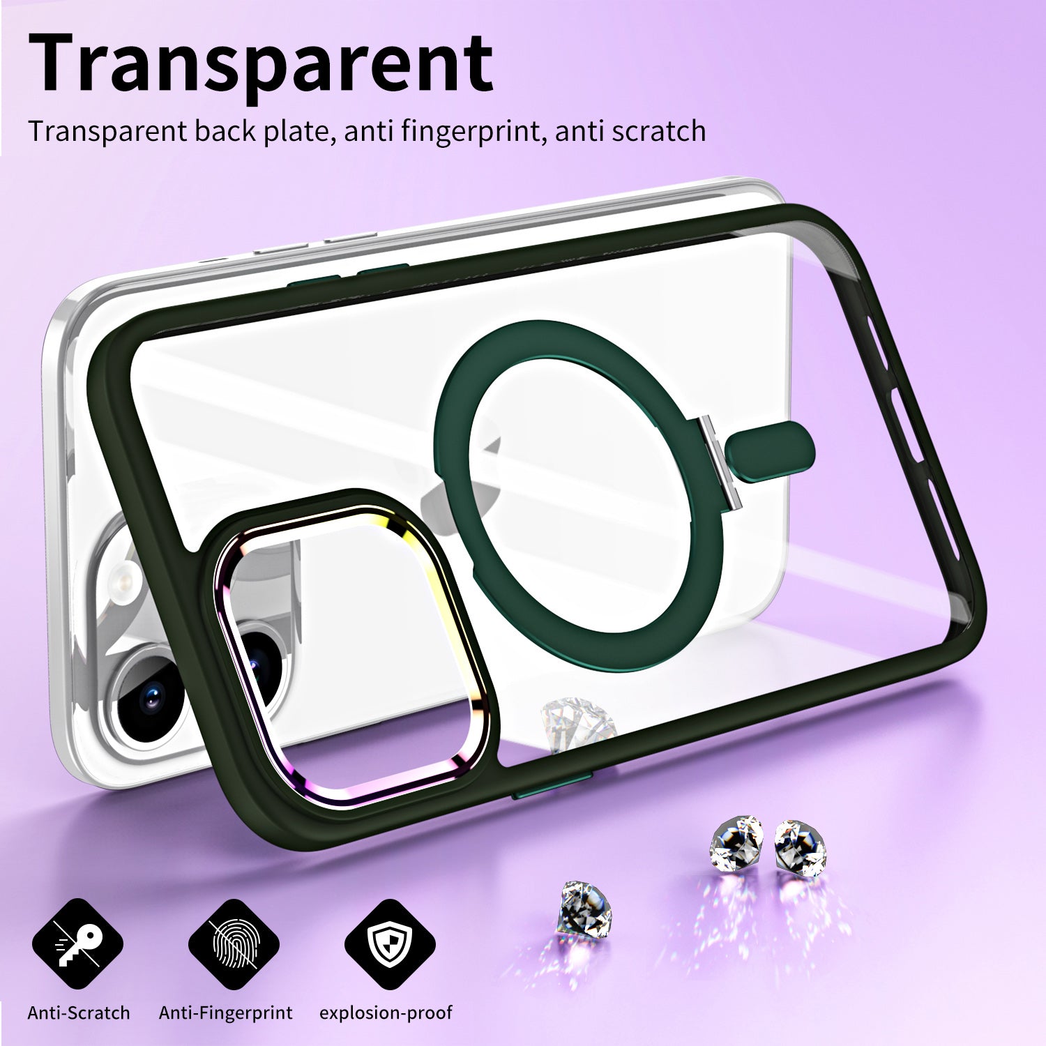 TPU+Acrylic Hybrid Shell for iPhone 15 Pro Max Clear Phone Case Compatible with MagSafe Kickstand Cover - Army Green