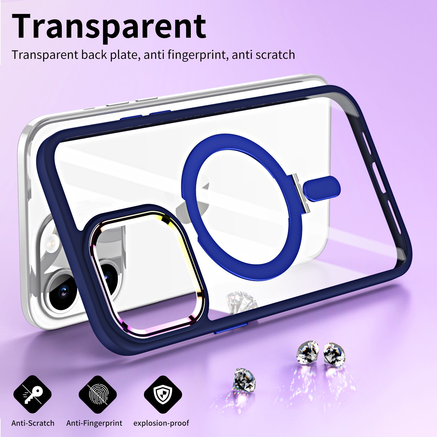 TPU+Acrylic Hybrid Shell for iPhone 15 Pro Max Clear Phone Case Compatible with MagSafe Kickstand Cover - Navy Blue