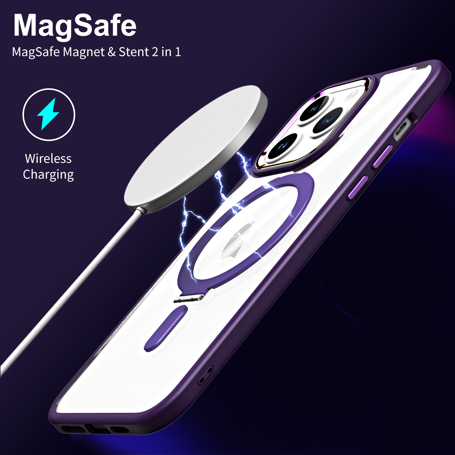 TPU+Acrylic Hybrid Shell for iPhone 15 Pro Max Clear Phone Case Compatible with MagSafe Kickstand Cover - Navy Blue