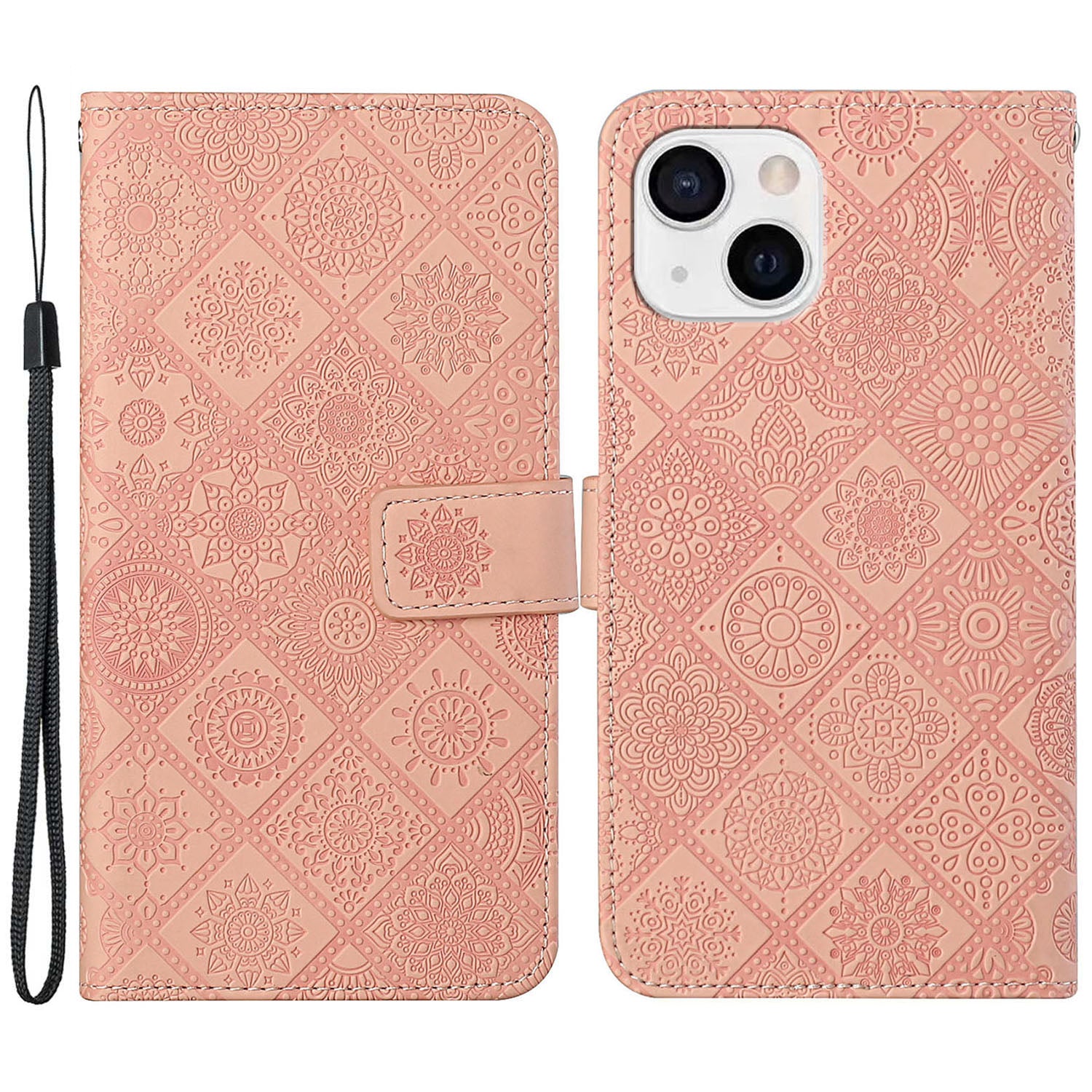 Leather Wallet Case for iPhone 15 Plus , Drop Resistant Imprinted Flower Phone Stand Cover - Pink
