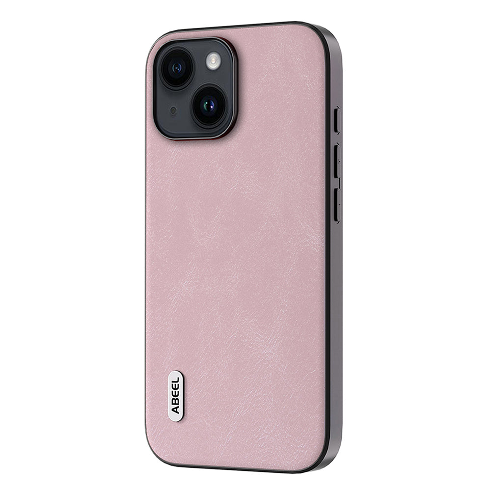 Phone Case for iPhone 15 Plus , Cowhide Texture PU Leather Coated PC + TPU Cover - Pink