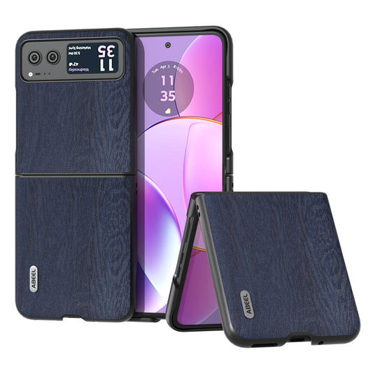 Uniqkart For Motorola Razr 40 5G Wood Texture Phone Case PU Leather Coated PC Fall-proof Cover - Blue