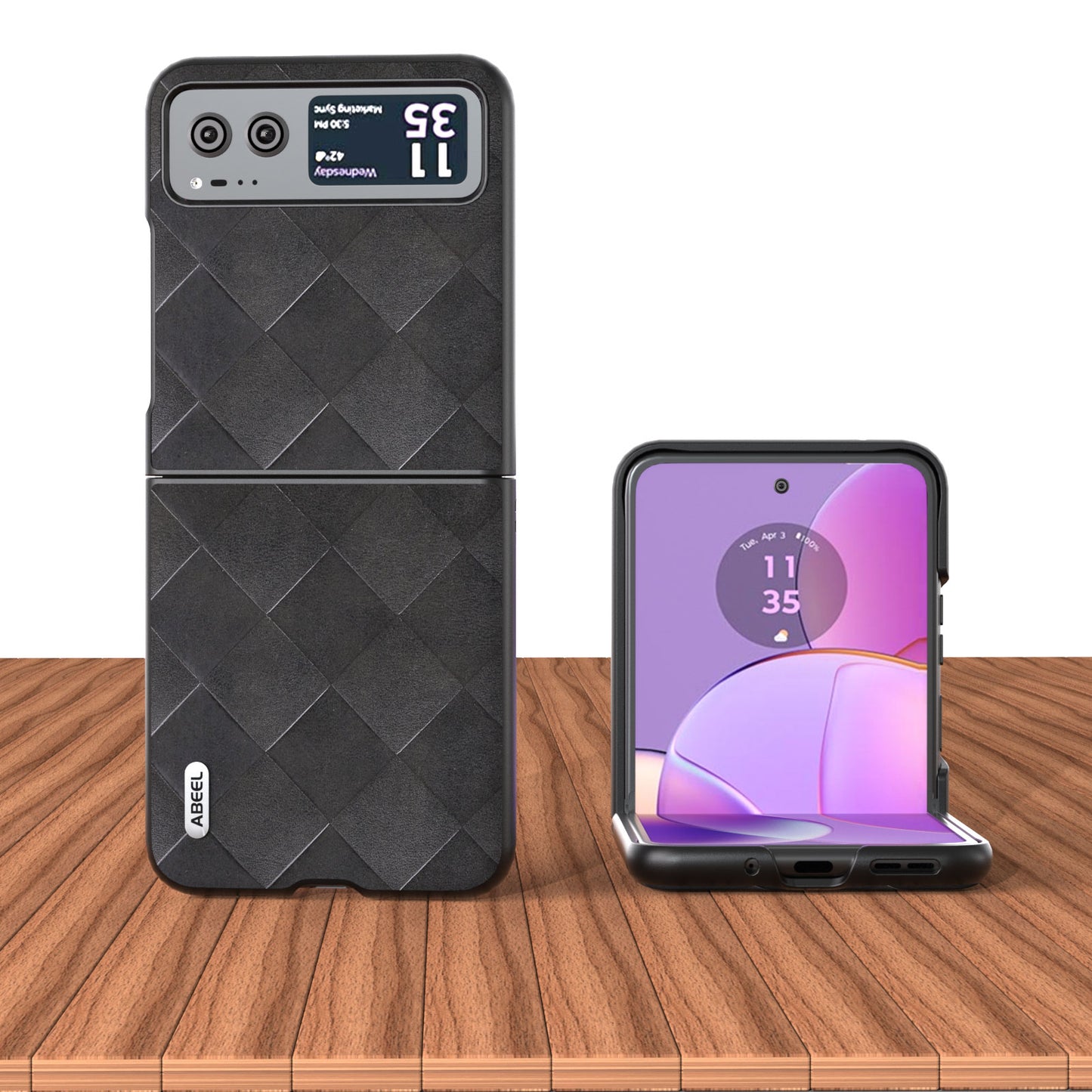 Uniqkart For Motorola Razr 40 5G PU Leather Coated PC Phone Case Grid Texture Anti-Drop Protective Cover - Black