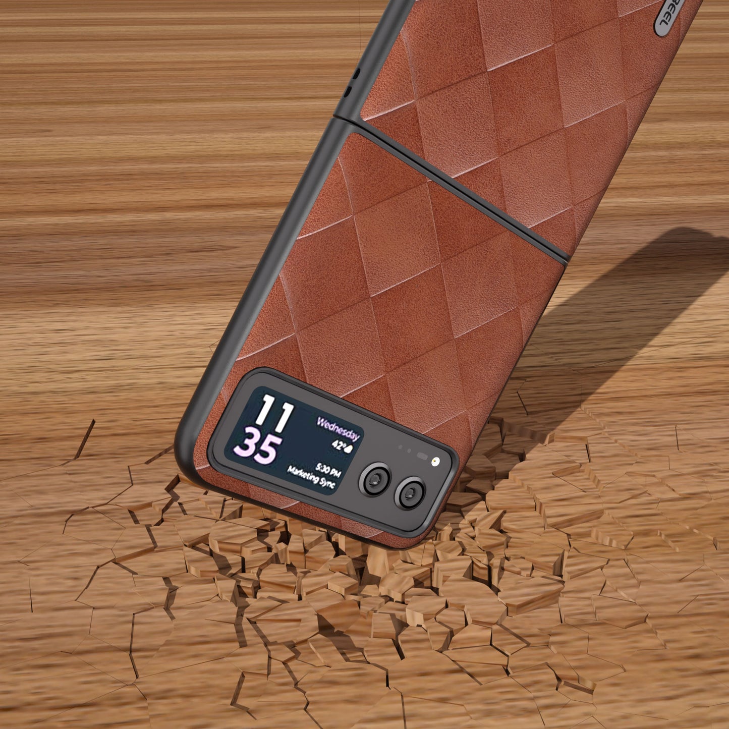 Uniqkart For Motorola Razr 40 5G PU Leather Coated PC Phone Case Grid Texture Anti-Drop Protective Cover - Brown
