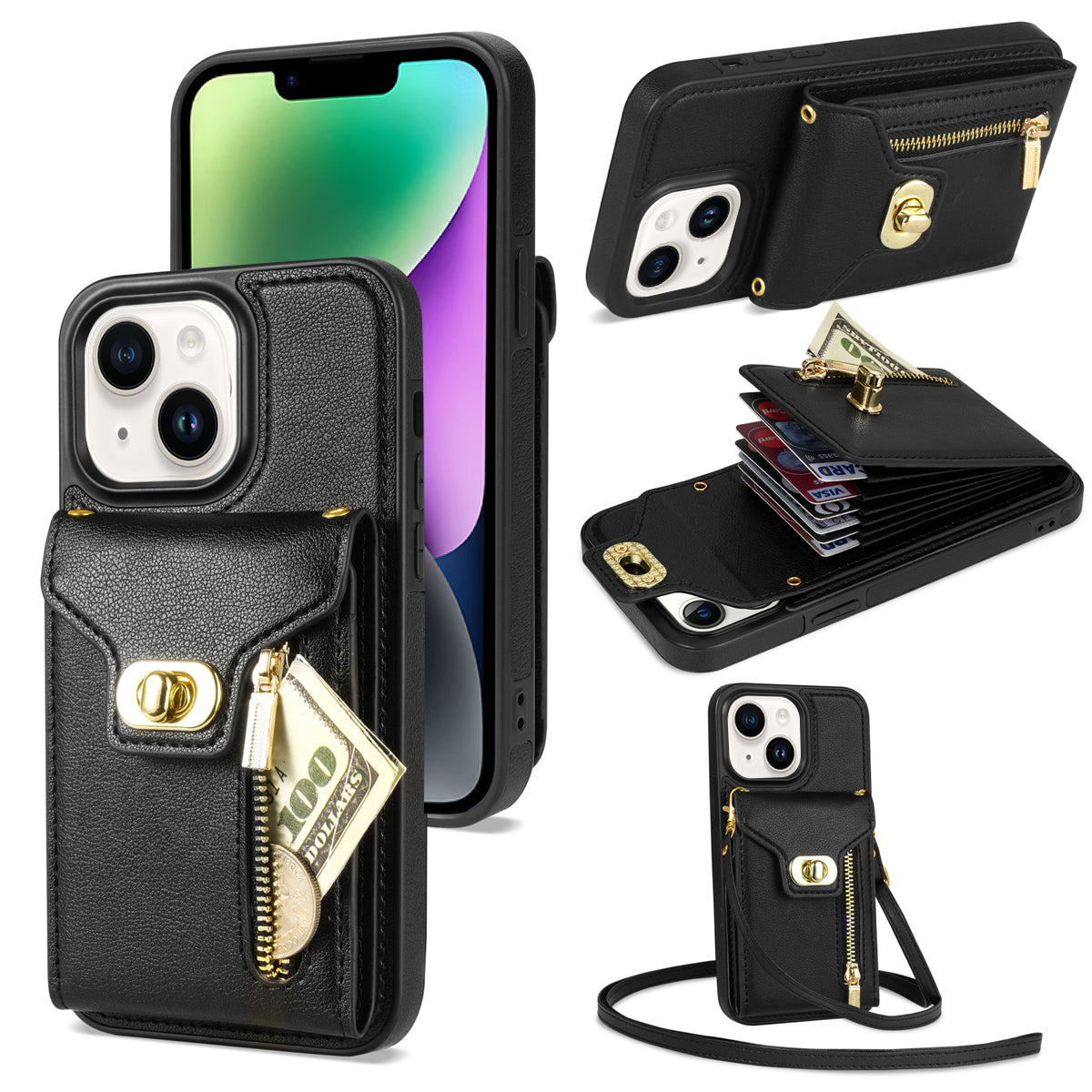 Zipper Pocket Case for iPhone 15 Plus , Card Slots PU Leather Coated TPU Kickstand Phone Cover - Black