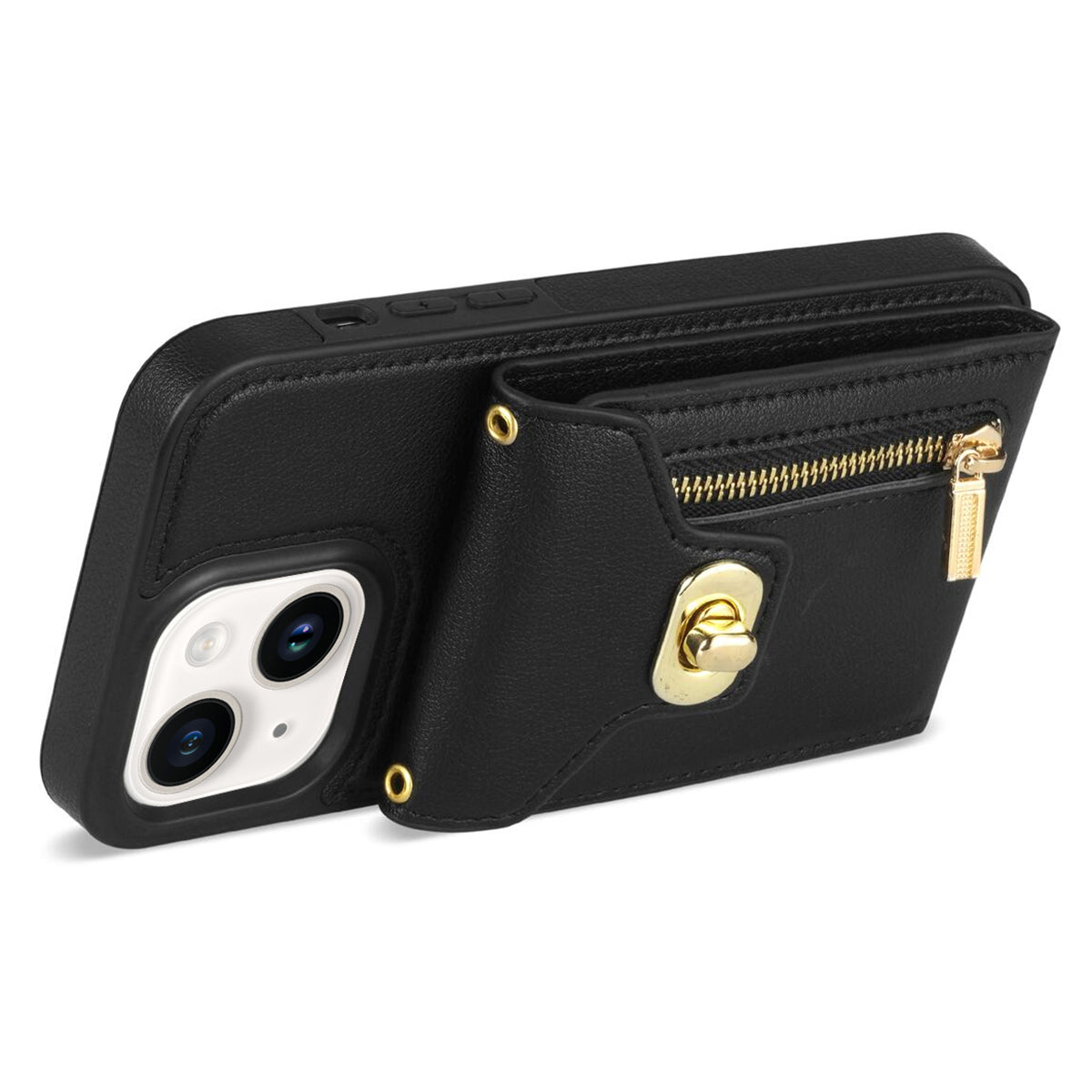 Zipper Pocket Case for iPhone 15 Plus , Card Slots PU Leather Coated TPU Kickstand Phone Cover - Black