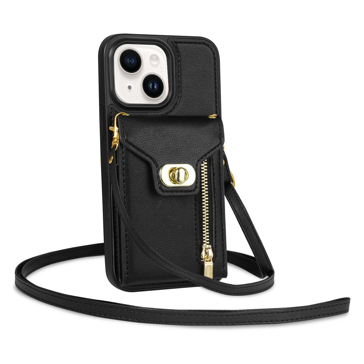 Zipper Pocket Case for iPhone 15 Plus , Card Slots PU Leather Coated TPU Kickstand Phone Cover - Black