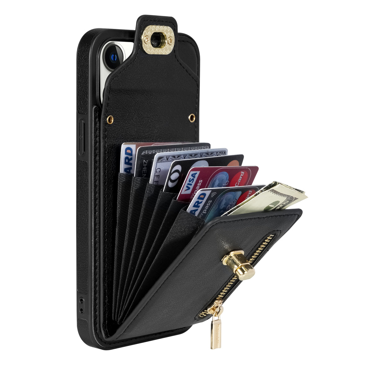 Zipper Pocket Case for iPhone 15 Plus , Card Slots PU Leather Coated TPU Kickstand Phone Cover - Black