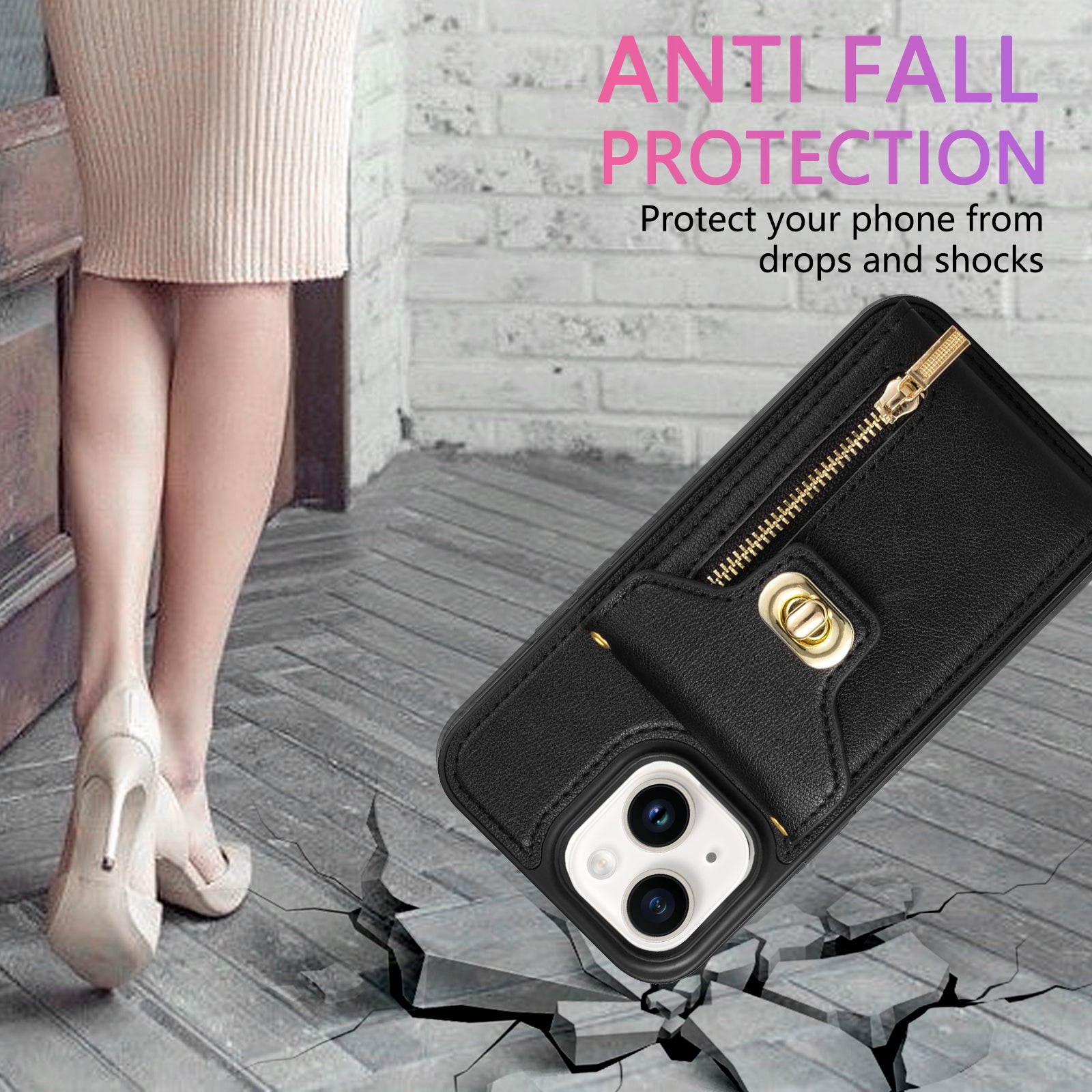 Zipper Pocket Case for iPhone 15 Plus , Card Slots PU Leather Coated TPU Kickstand Phone Cover - Black