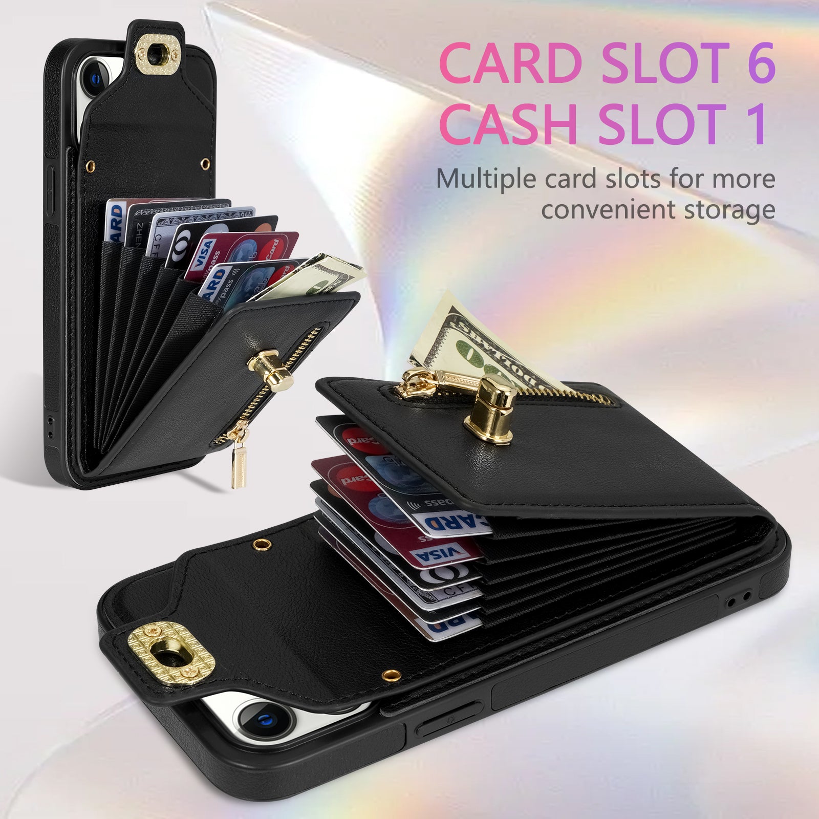 Zipper Pocket Case for iPhone 15 Plus , Card Slots PU Leather Coated TPU Kickstand Phone Cover - Black