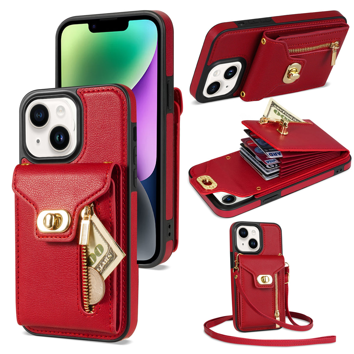Zipper Pocket Case for iPhone 15 Plus , Card Slots PU Leather Coated TPU Kickstand Phone Cover - Red