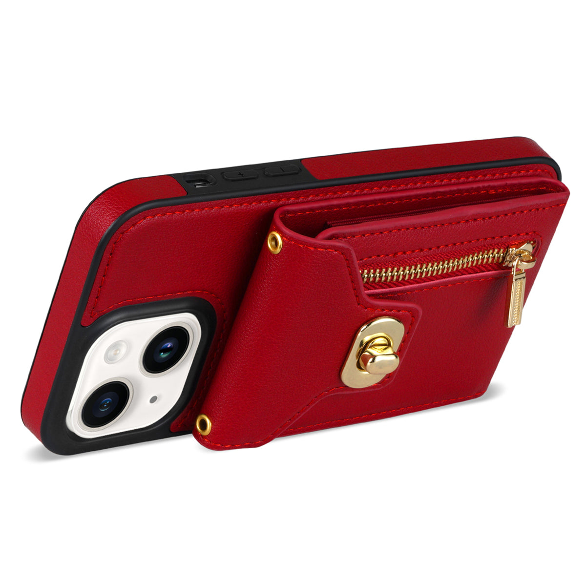 Zipper Pocket Case for iPhone 15 Plus , Card Slots PU Leather Coated TPU Kickstand Phone Cover - Red